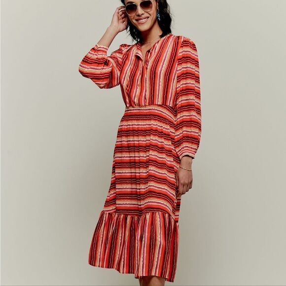 Tucker Juliette Dress Orange Lorden Stripes in Crepe de Chine Silk Ruffle Boho - Picture 2 of 4